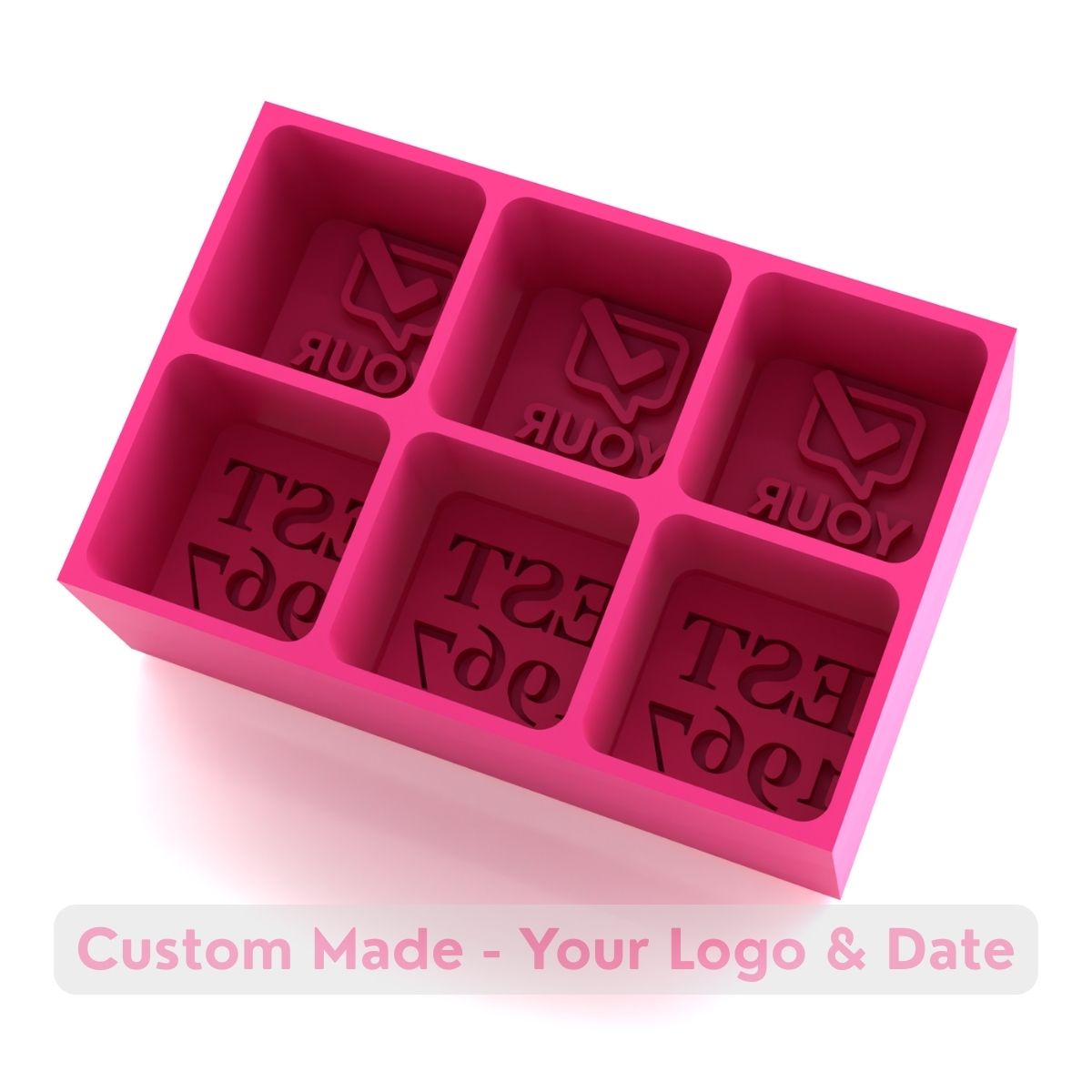 Pink silicone ice tray with YOUR LOGO and EST date custom text for creating personalized celebration ice cubes