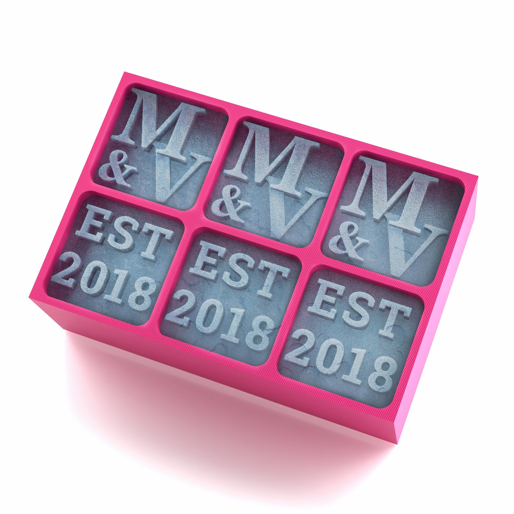Romantic pink tray with M&V and EST 2018 monogrammed ice cubes, designed for weddings, bridal showers, or love-themed gifts