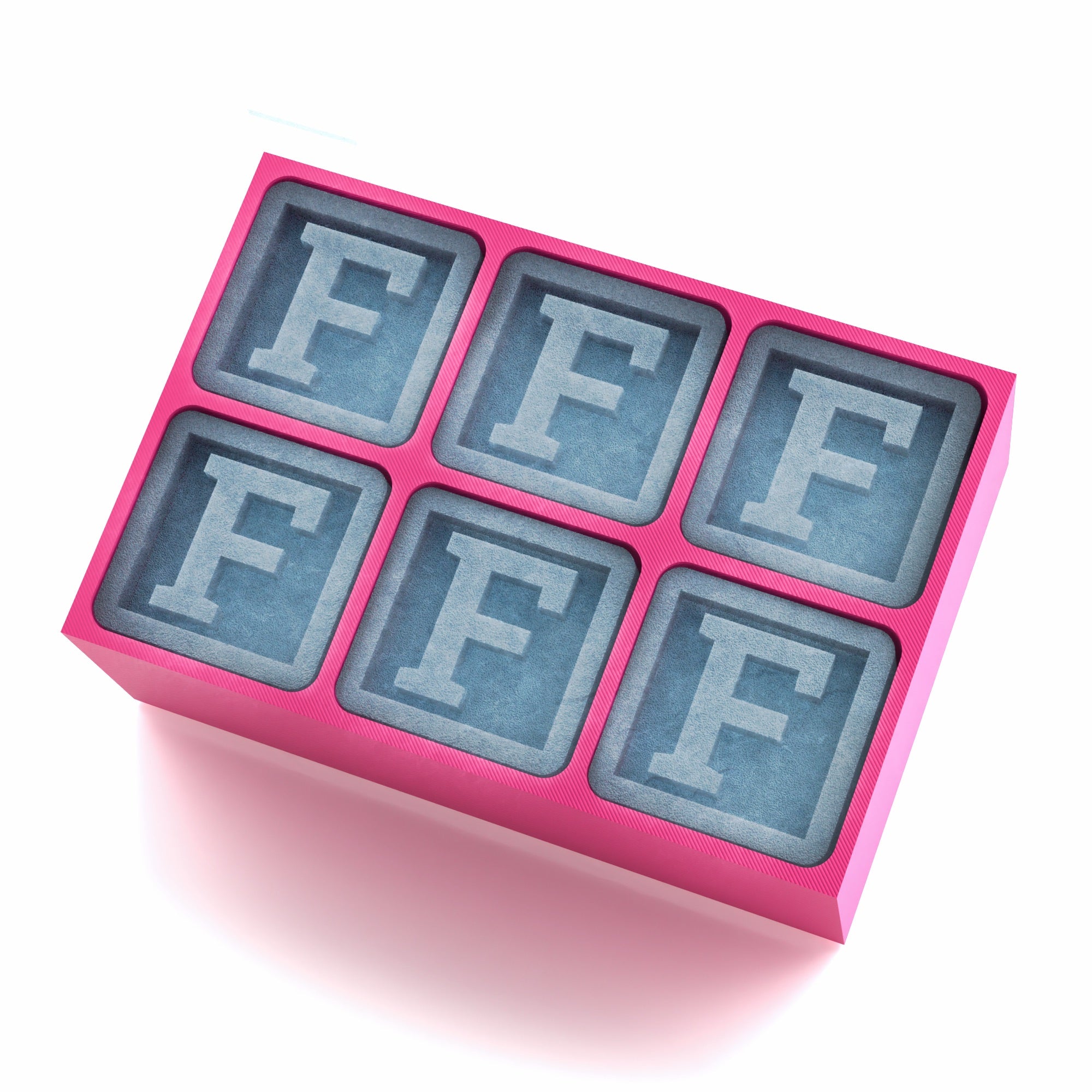 Pink silicone ice cube tray with six blocks featuring the letter F, a vibrant and personal party gift