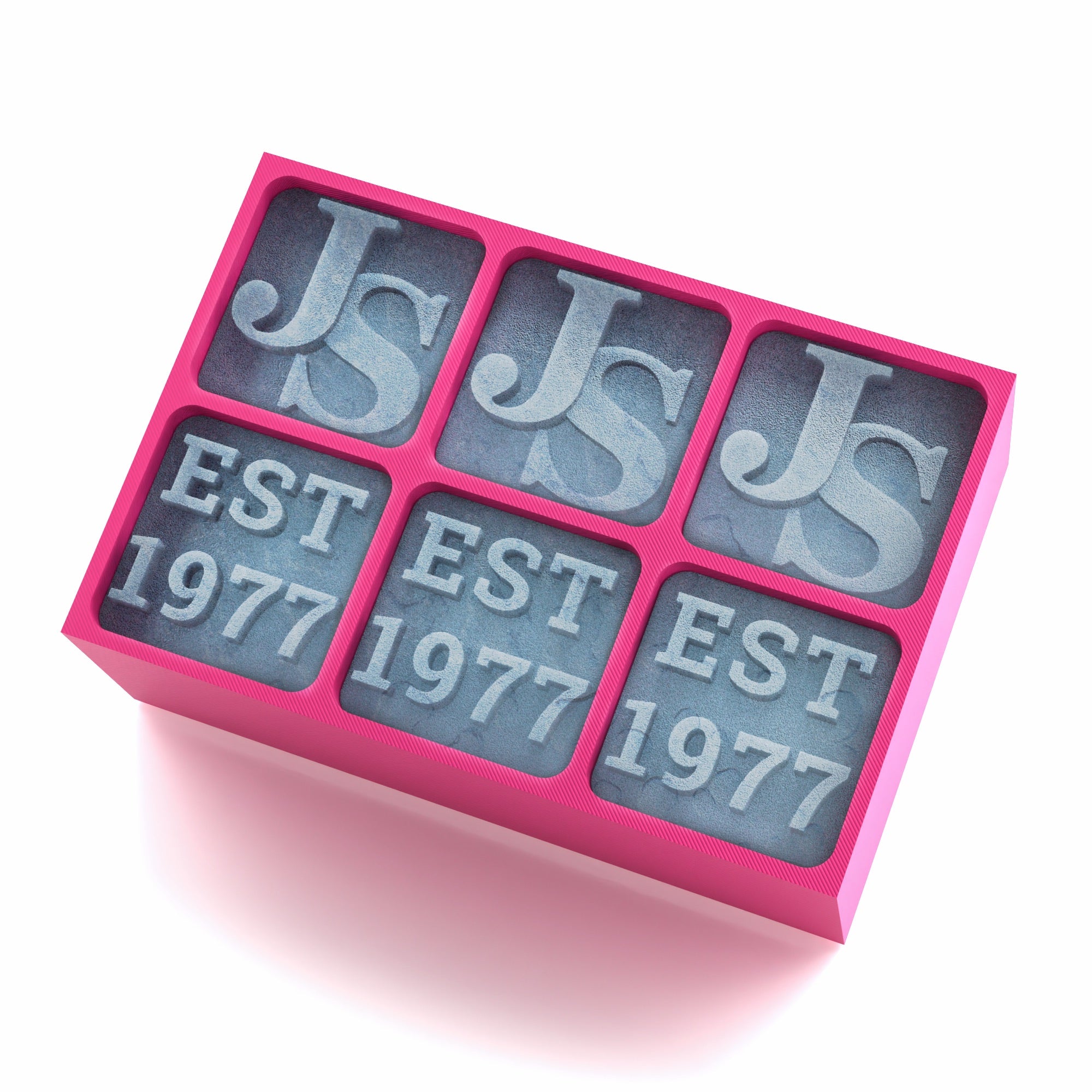 Charming pink tray featuring elegant JS initials and EST 1977 cubes – a thoughtful keepsake gift to celebrate meaningful life milestones or birthdays.