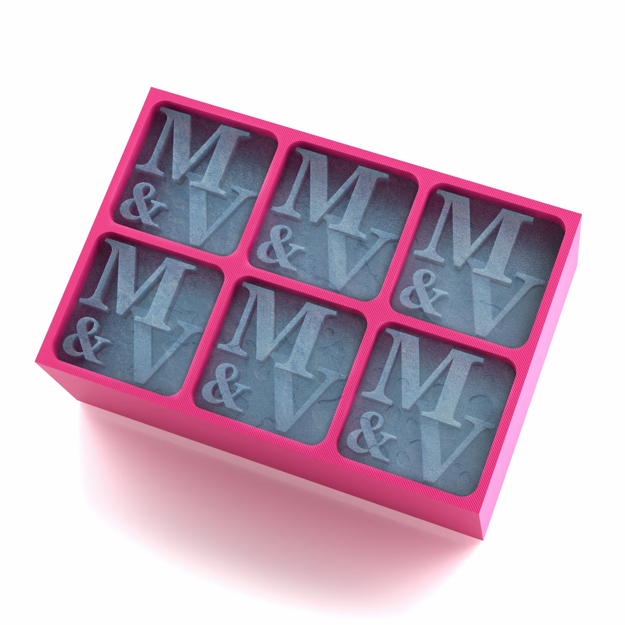Romantic pink ice tray with six matching M & V engraved cubes – perfect for anniversary celebrations, Valentine’s Day, or gifting something truly personal.