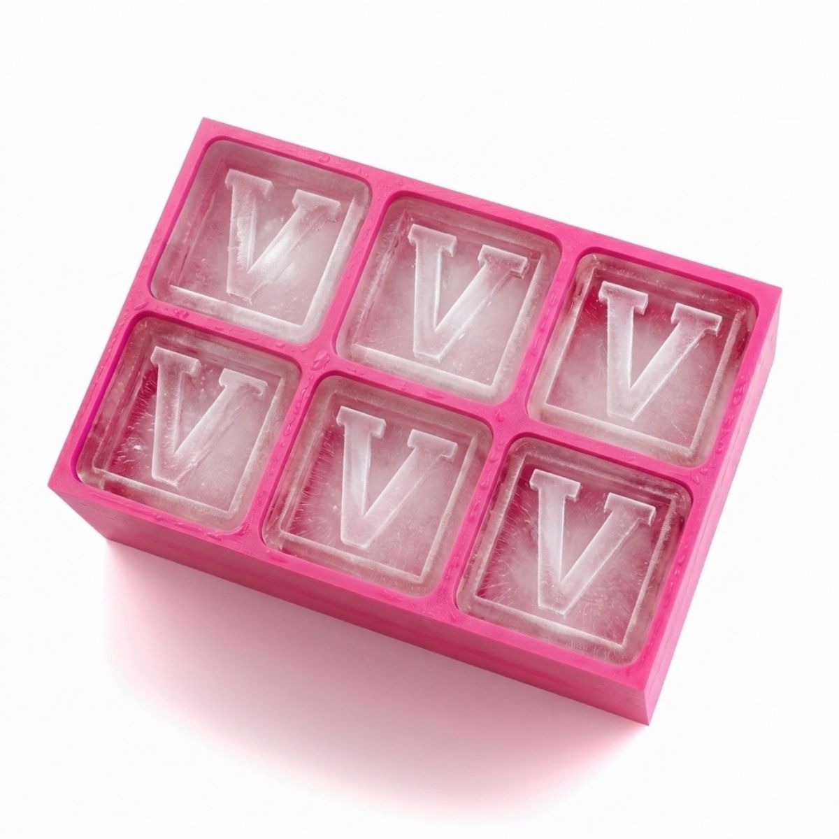 Charming pink ice cube tray with raised V lettering – for heartfelt custom gifting