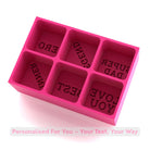 Pink silicone ice cube tray with six customisable cube moulds, engraved sample words like LOVE YOU and LEGEND — fun handmade gift idea for Dad or partner.