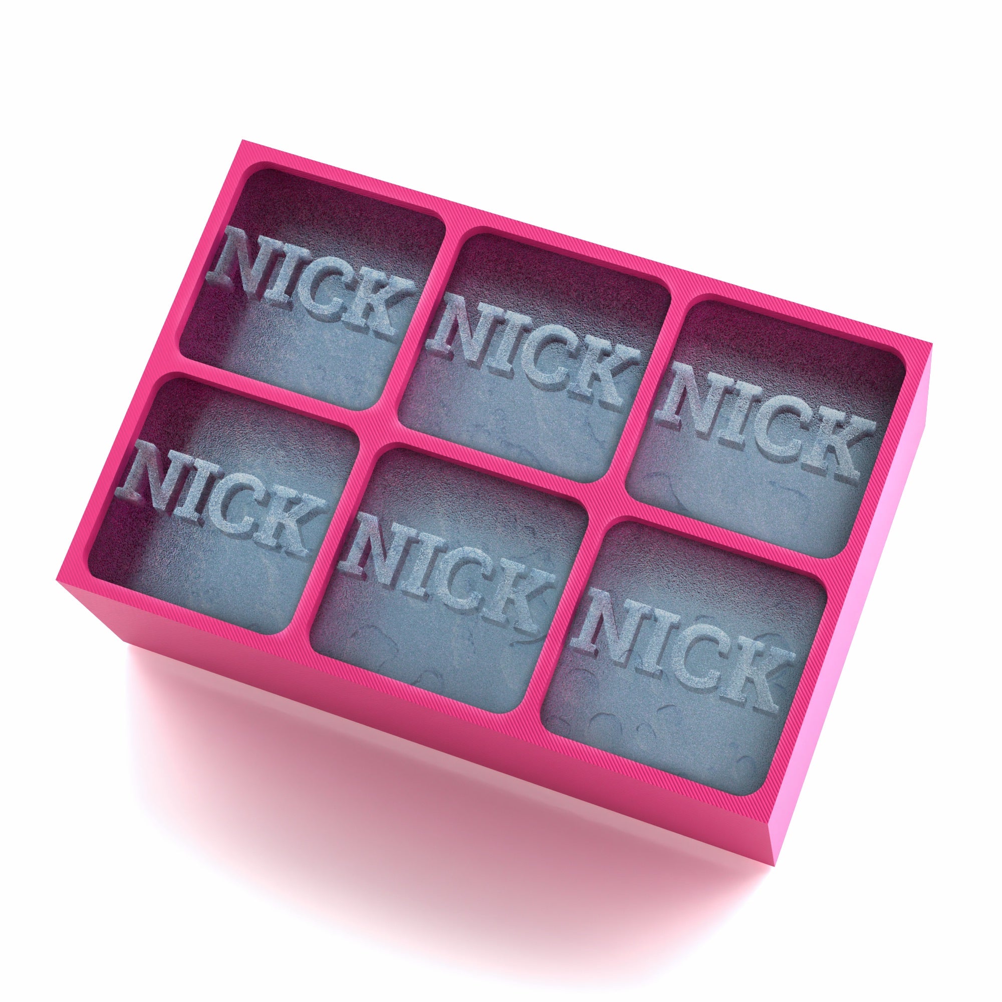 Pink ice tray with the name NICK embossed in every ice cube, made in Australia