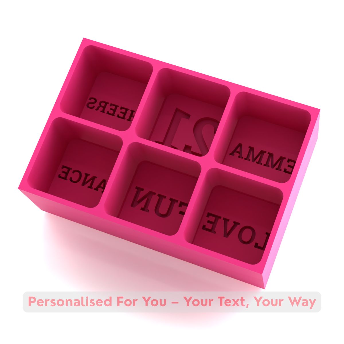 Bright pink ice tray with six square moulds spelling EMMA, 21, CHEERS, LOVE, FUN, and DANCE — playful handmade silicone party tray.