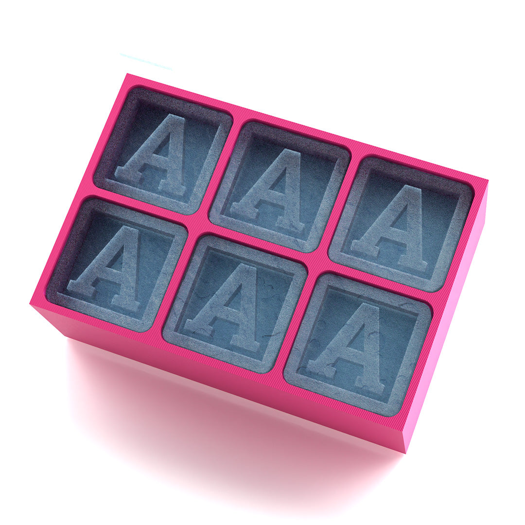 Pink silicone ice cube tray featuring the letter A monogram in each cube – 6-cube personalised mould, perfect for birthday and gifting occasions