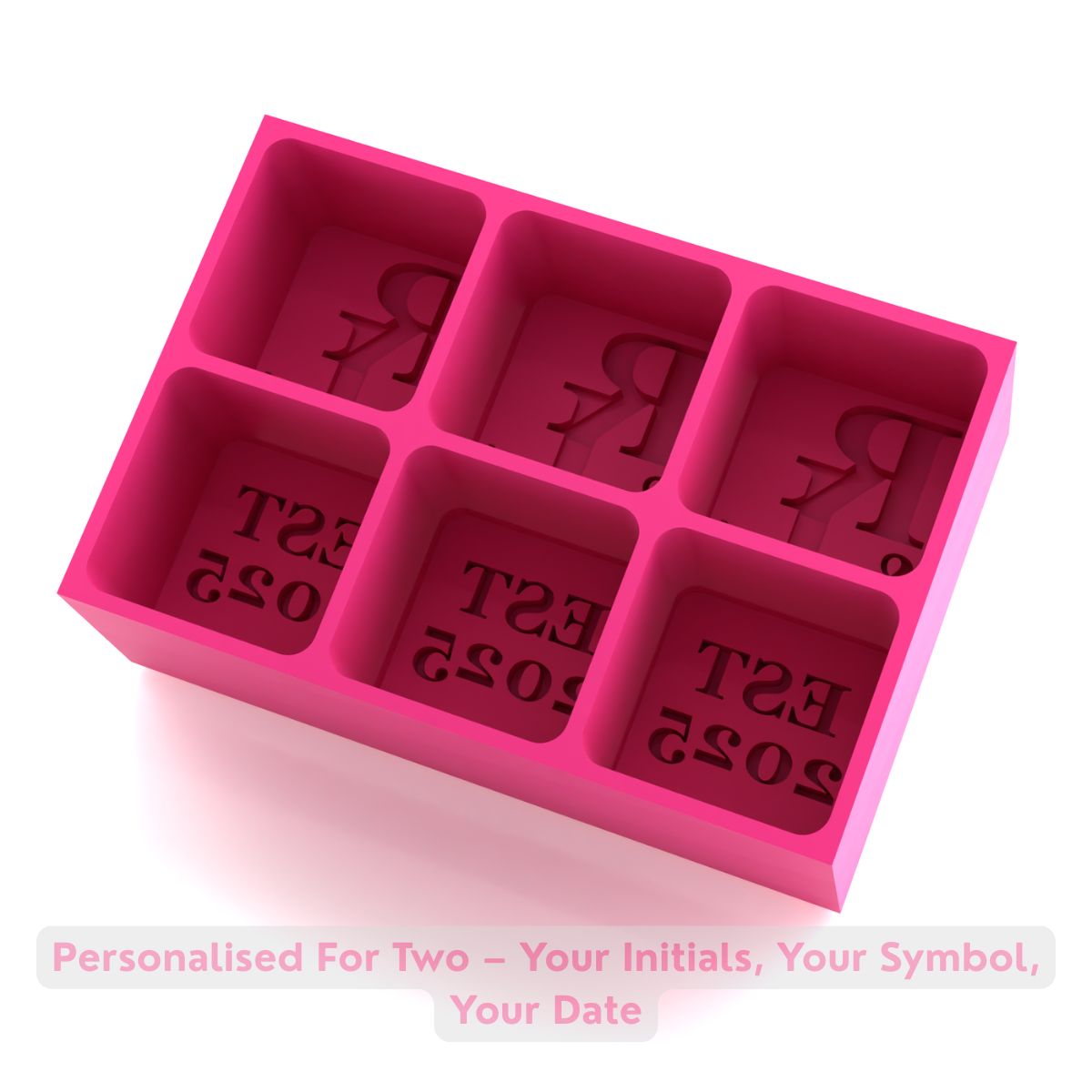 Pink silicone wedding ice tray showing R & L initials and EST 2025 cubes – heartfelt gift for couples.