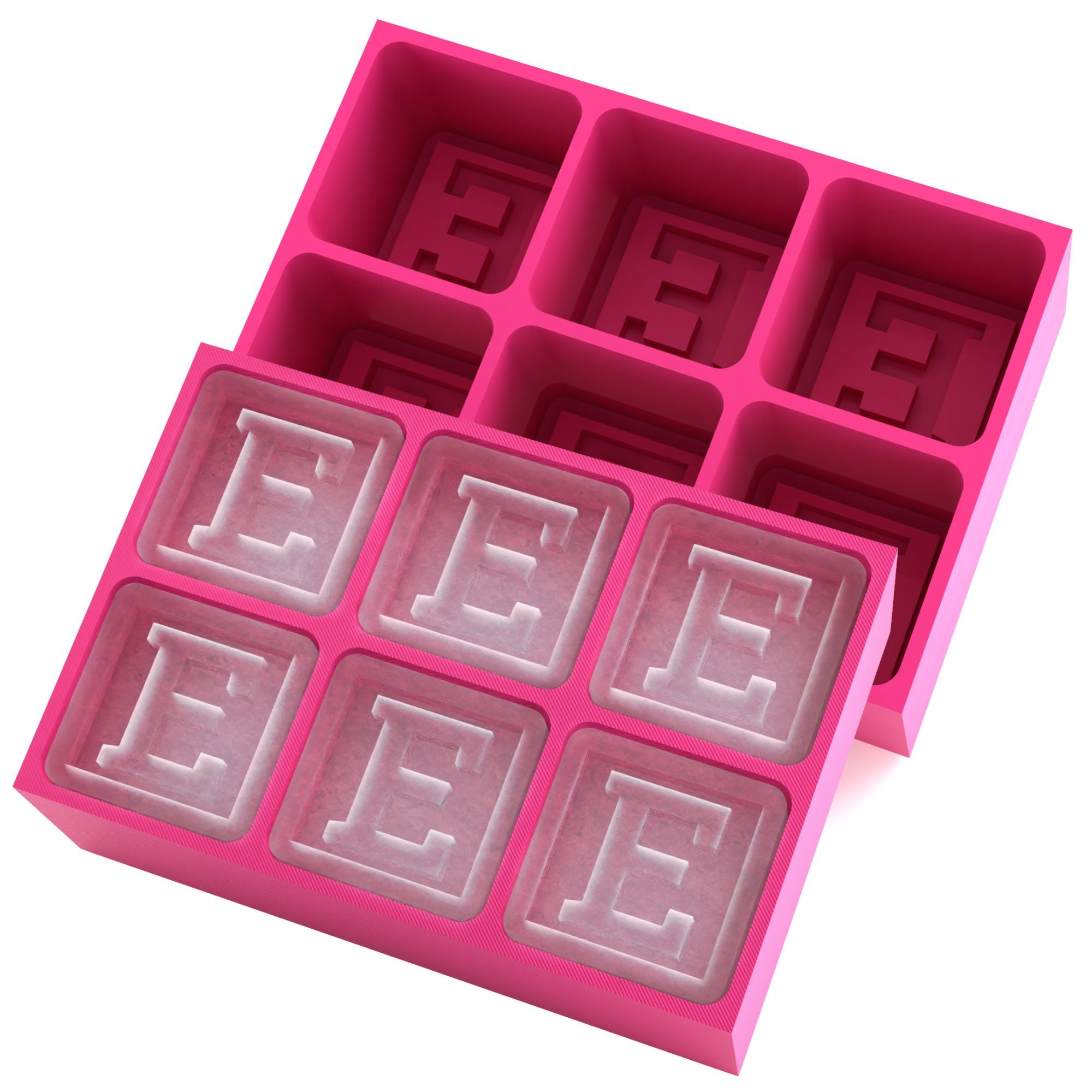 Personalised pink silicone ice tray with bold letter E cubes — handmade in Australia, perfect for unique gifts and parties.