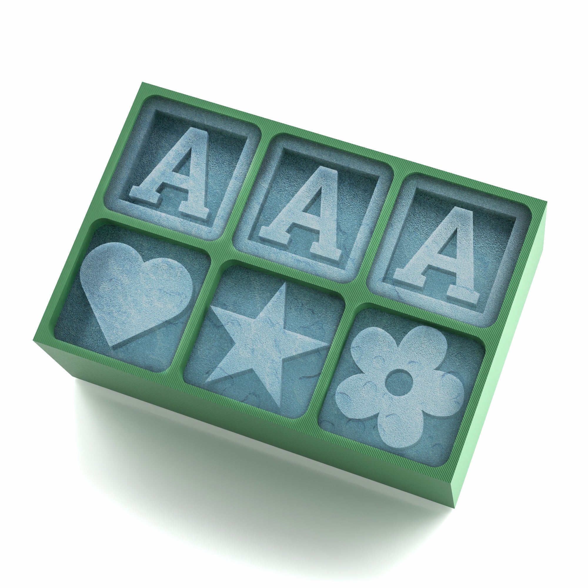 Green personalised ice tray featuring "A A A" initials and cute heart, star, and flower designs – ideal for quirky celebrations.