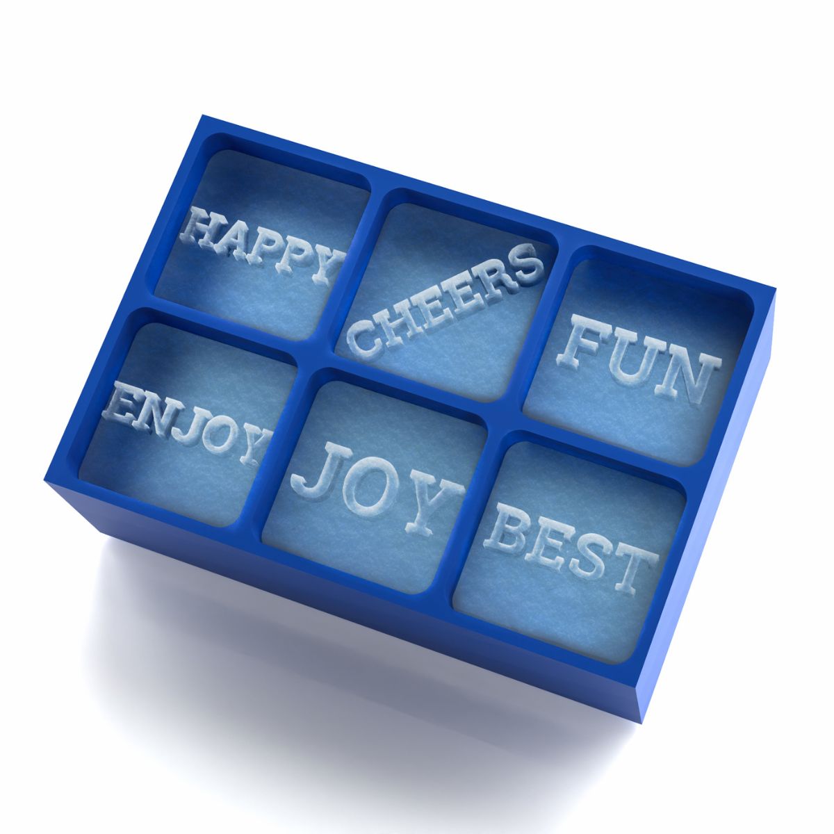 A royal-blue 6-cube silicone ice tray mould that creates raised words like HAPPY, CHEERS and JOY, designed for personal, meaningful drink moments.