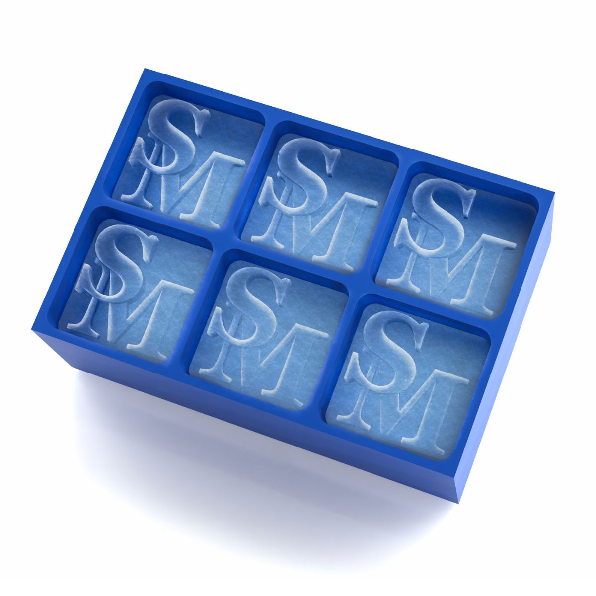 Royal-blue platinum silicone ice tray creating six bold SM monogram ice cubes, handmade in Australia for personalised barware and stylish gifting.