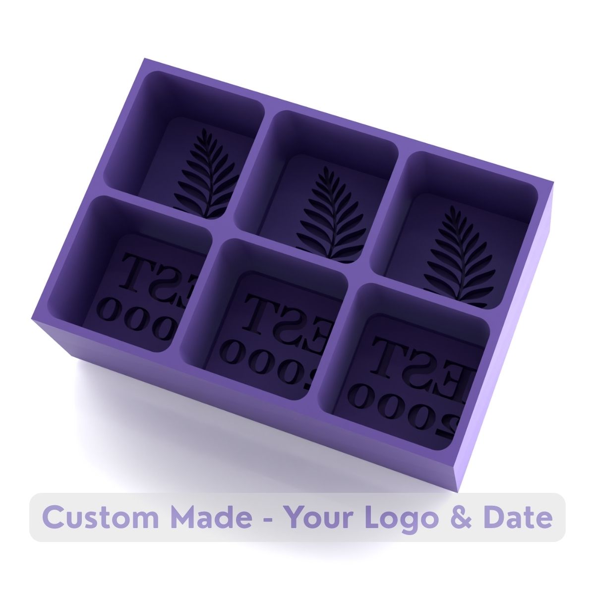 Purple custom ice tray with elegant fern leaf botanical pattern and EST 2000 date text compartments
