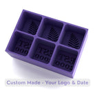 Purple custom ice tray with elegant fern leaf botanical pattern and EST 2000 date text compartments