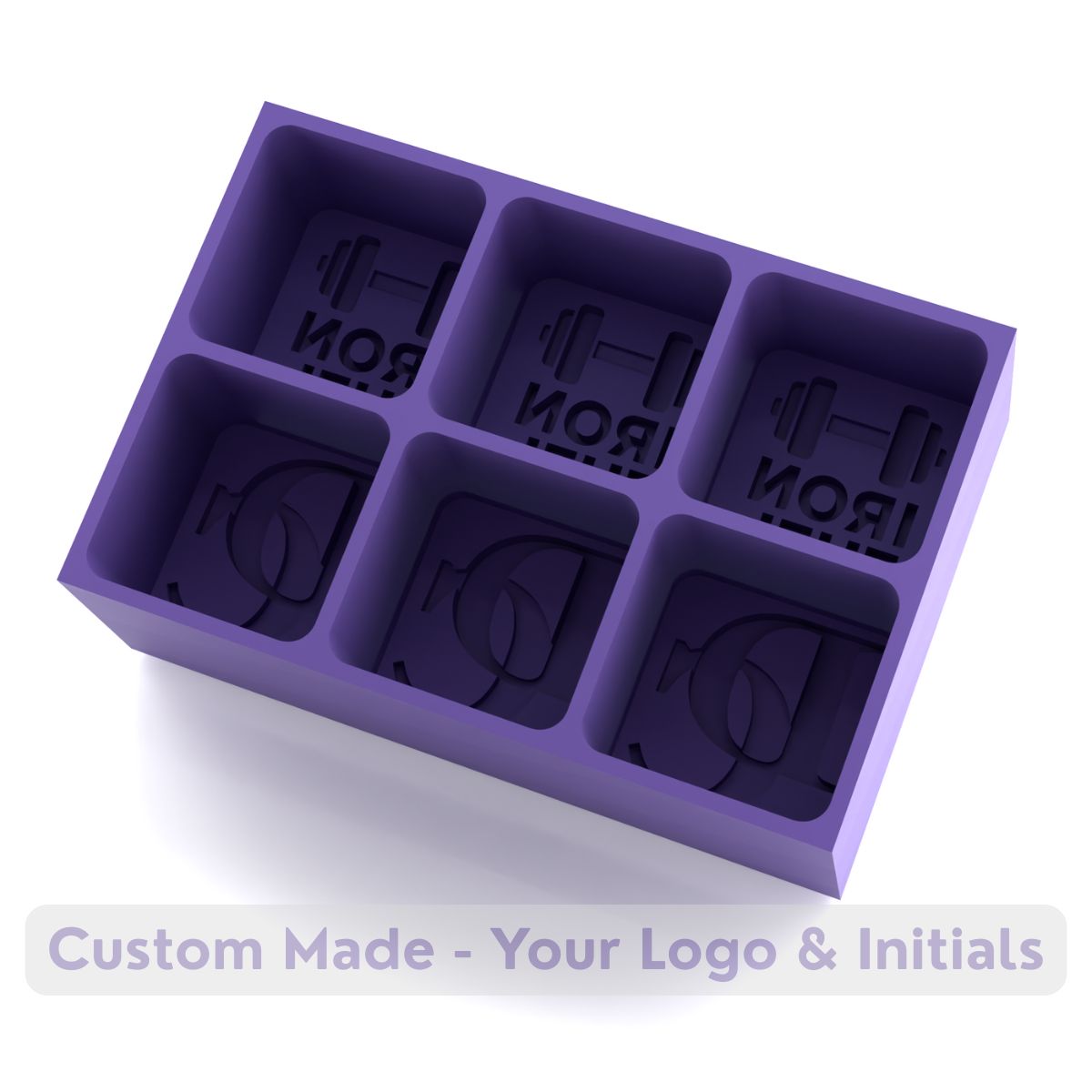 Deep purple silicone ice tray with custom logo and initials cavities – bold branded mould for fitness studios, gyms, and wellness events.