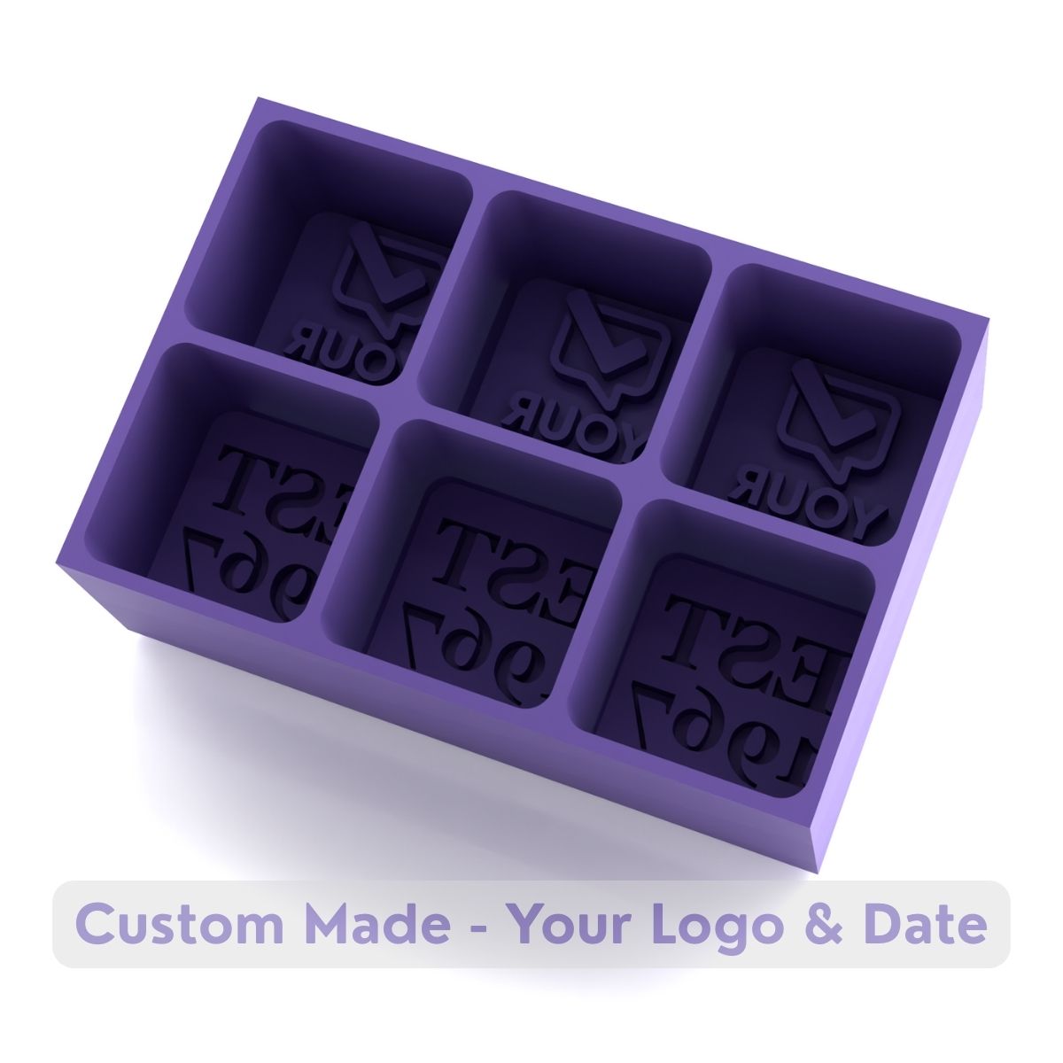 Purple custom ice cube tray with YOUR LOGO and EST date text compartments for personalized milestone ice