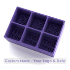 Purple custom ice cube tray with YOUR LOGO and EST date text compartments for personalized milestone ice