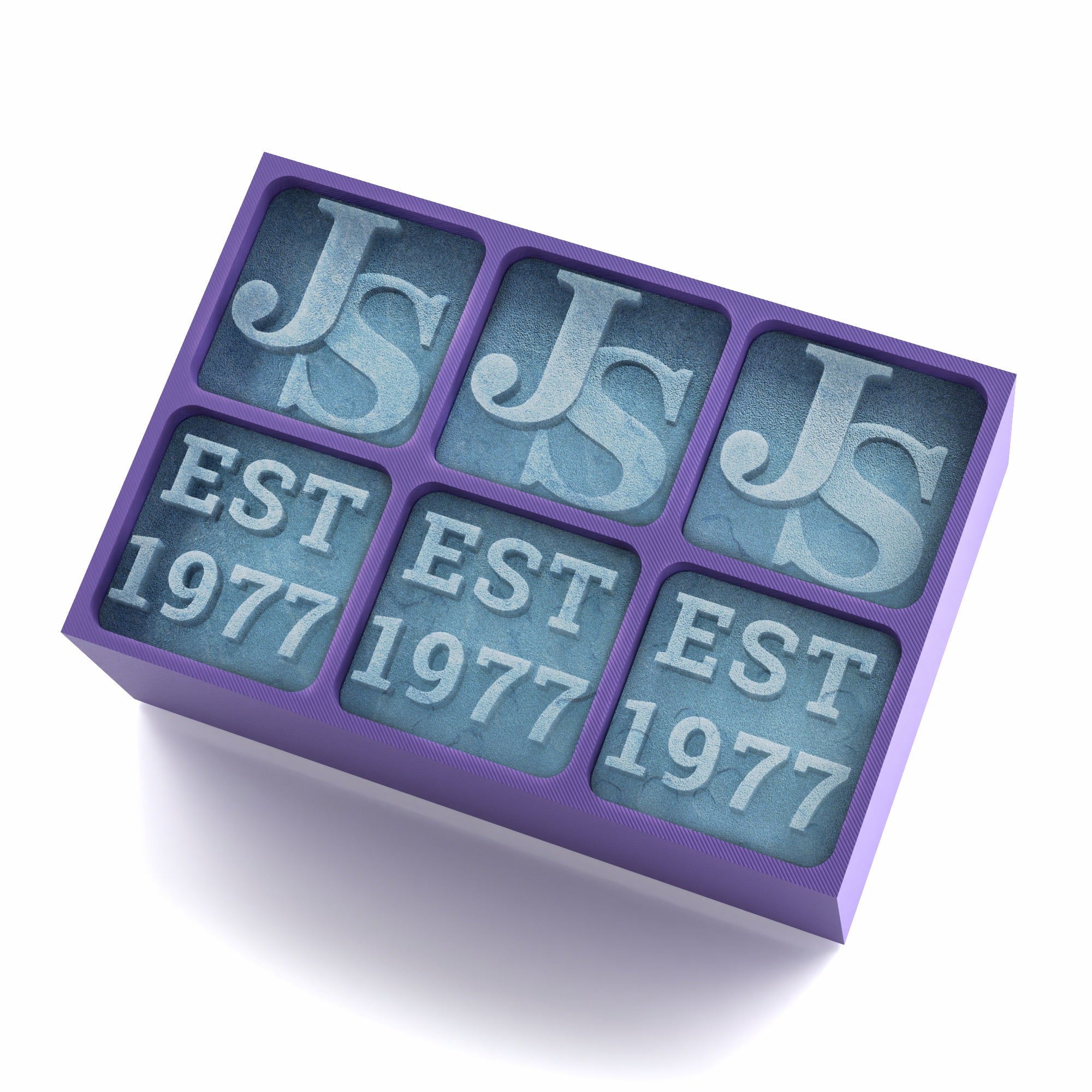 Purple engraved ice tray with vintage-styled JS monogram and EST 1977 – a unique nostalgic gift for anyone celebrating their birth year or legacy.