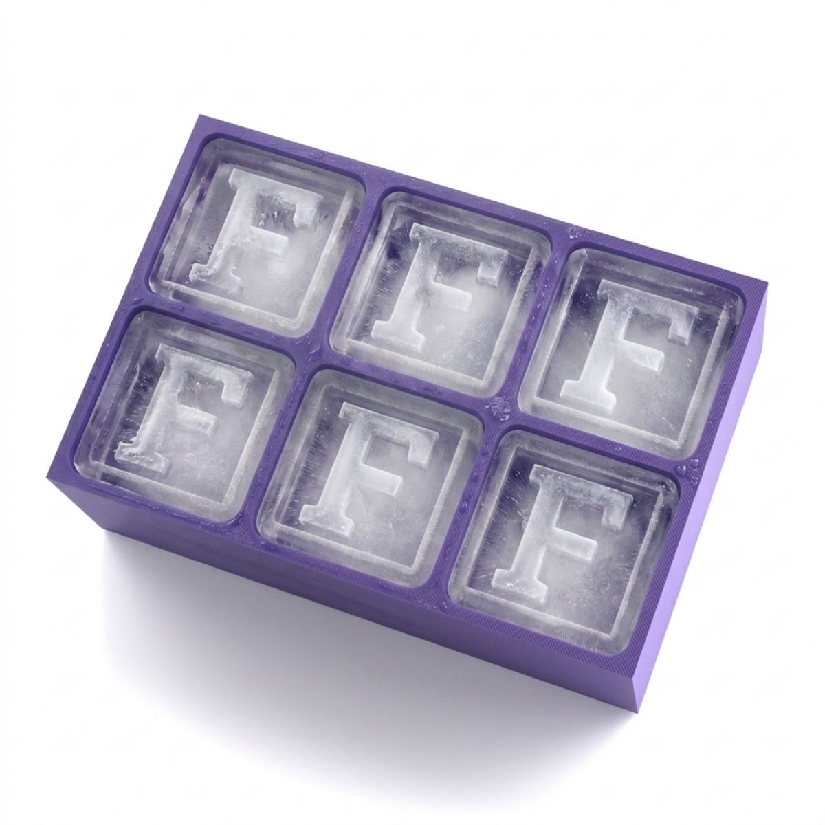 Purple 6-cube personalised ice tray with F-shaped ice, ideal for gifting or special events