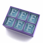 Purple 6-cube personalised ice tray with F-shaped ice, ideal for gifting or special events