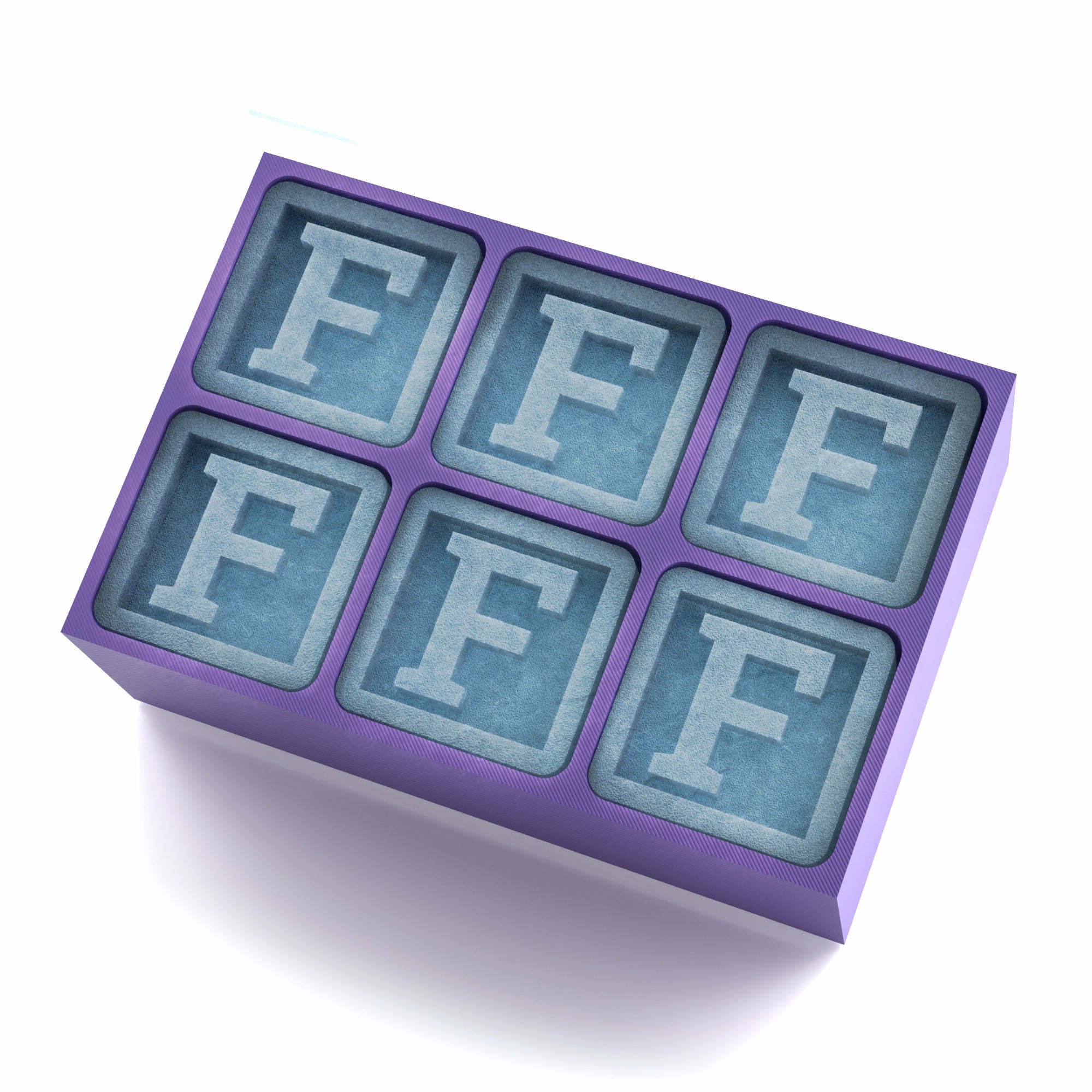Purple 6-cube personalised ice tray with F-shaped ice, ideal for gifting or special events