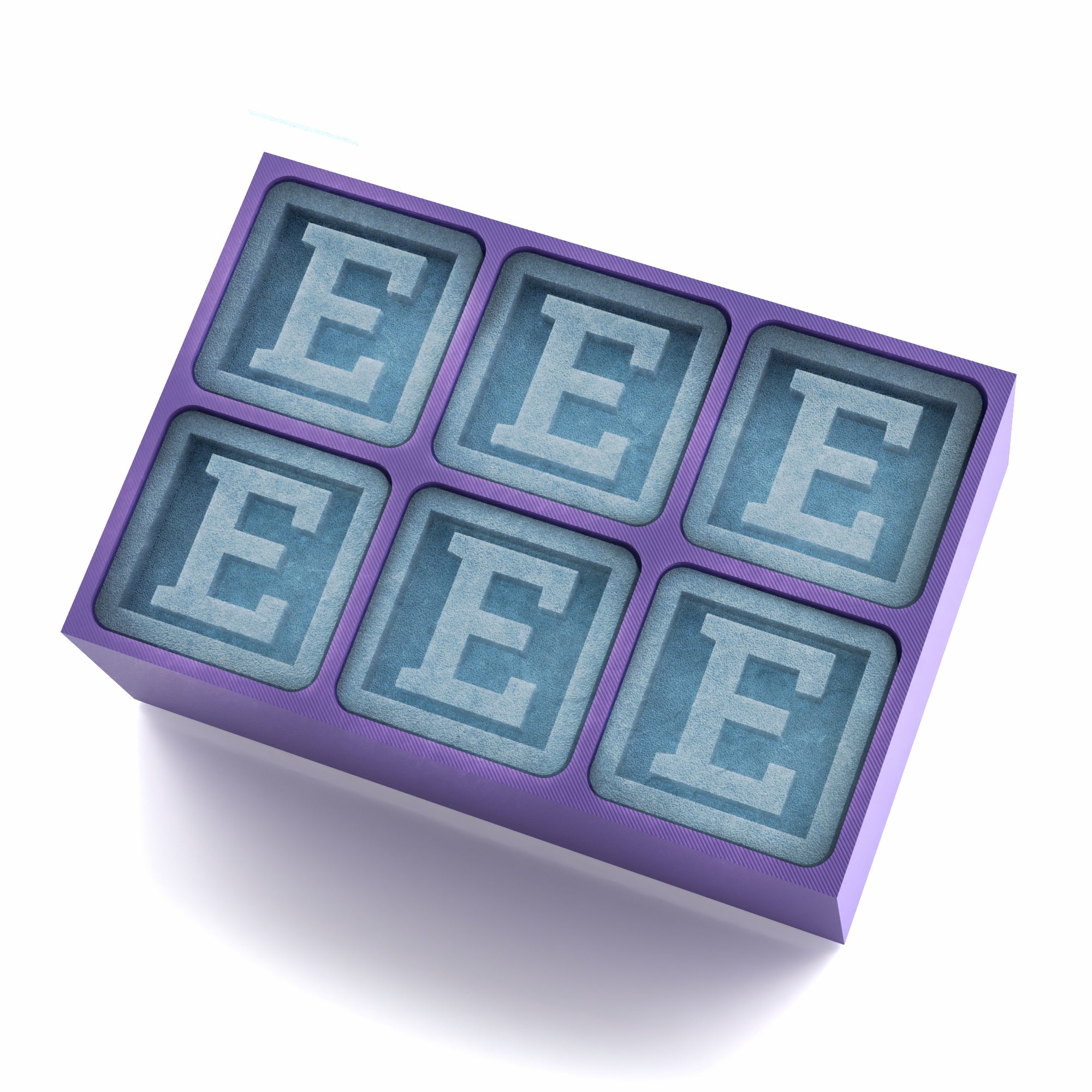 Six-cube purple tray with raised letter E ice design, ideal for birthdays, bridesmaids, or creative barware