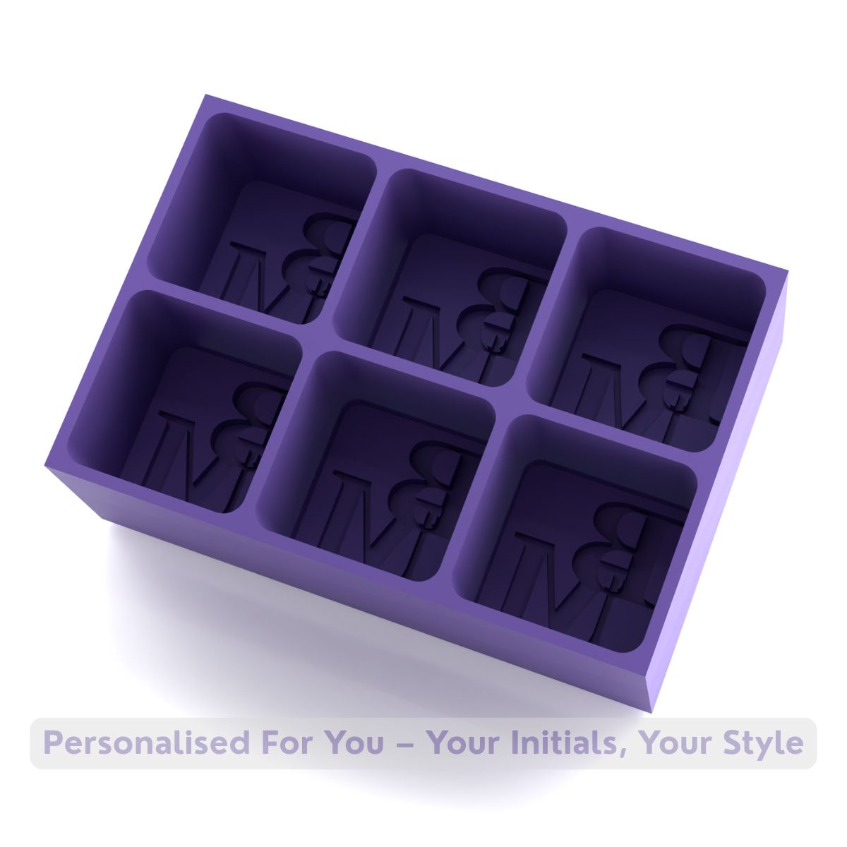 Deep purple silicone tray mould with BM initials in six large cube cavities, premium handmade keepsake for whisky, cocktails, and home bars.