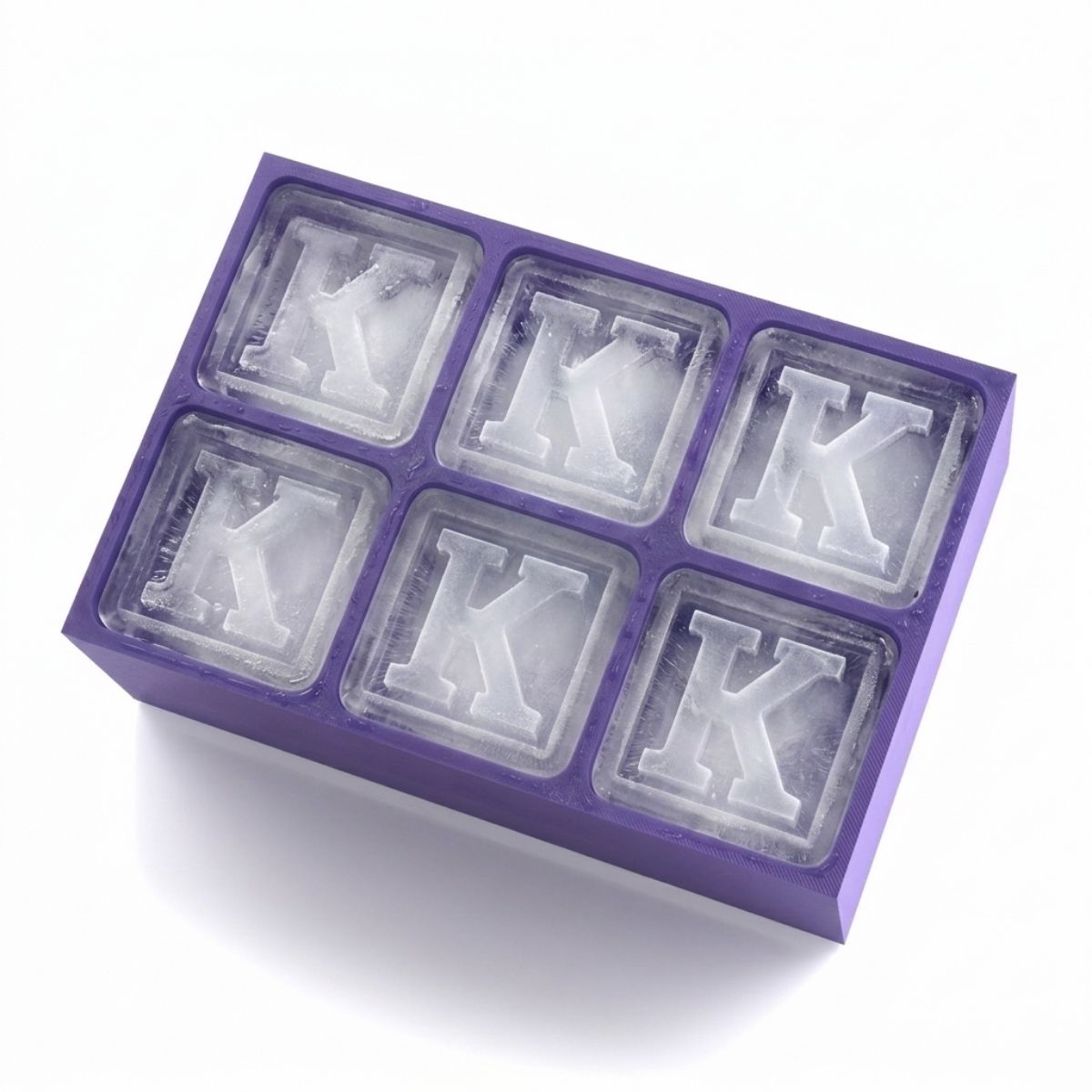 Premium purple ice tray with frosted K cubes, designed for standout drinks and unique personalised gifting for friends and loved ones.