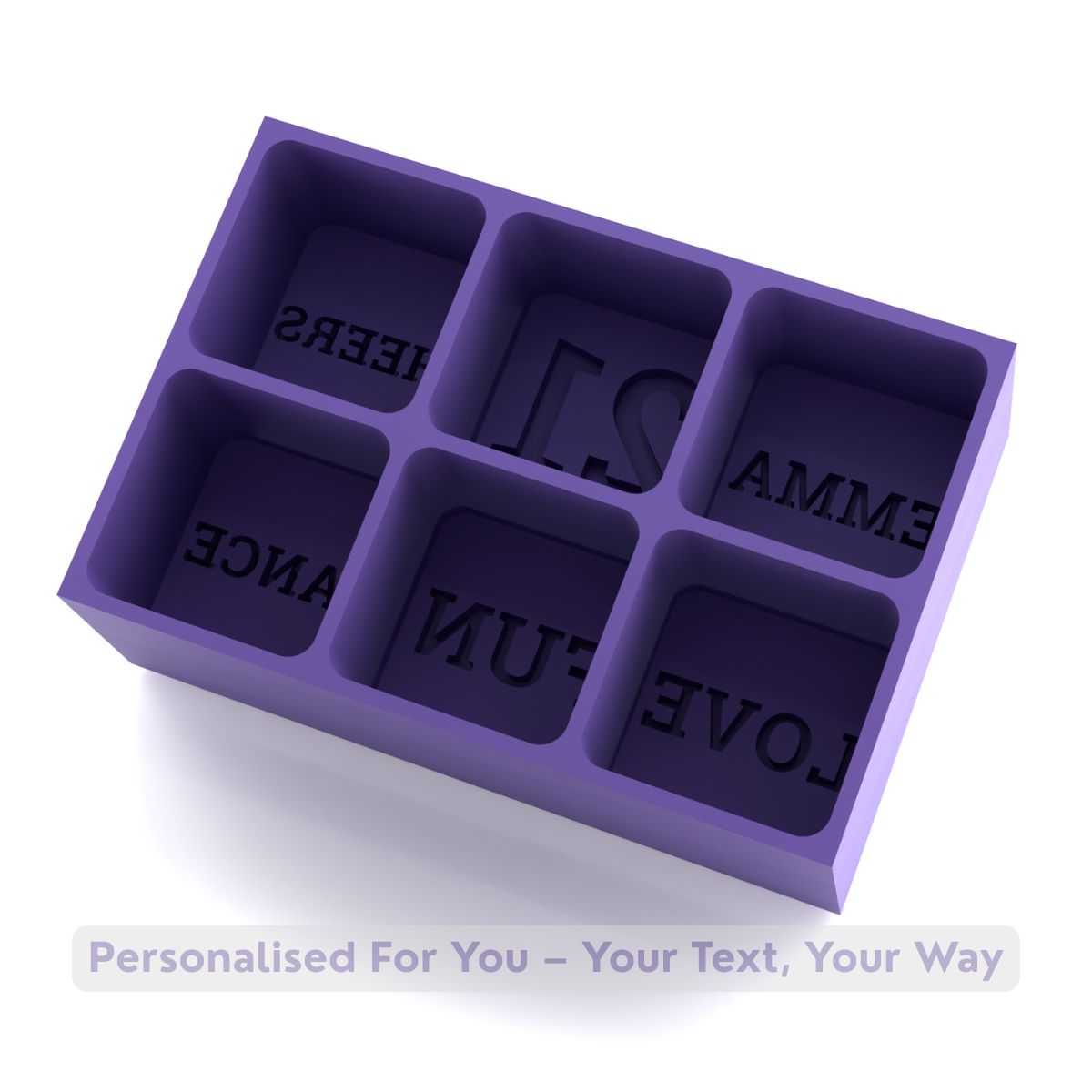 Purple silicone ice tray with six deep cube moulds labelled EMMA, 21, CHEERS, LOVE, FUN, and DANCE — reusable party drink accessory.