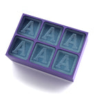 Purple silicone ice cube tray featuring the letter A monogram in each cube – 6-cube personalised mould, perfect for birthday and gifting occasions