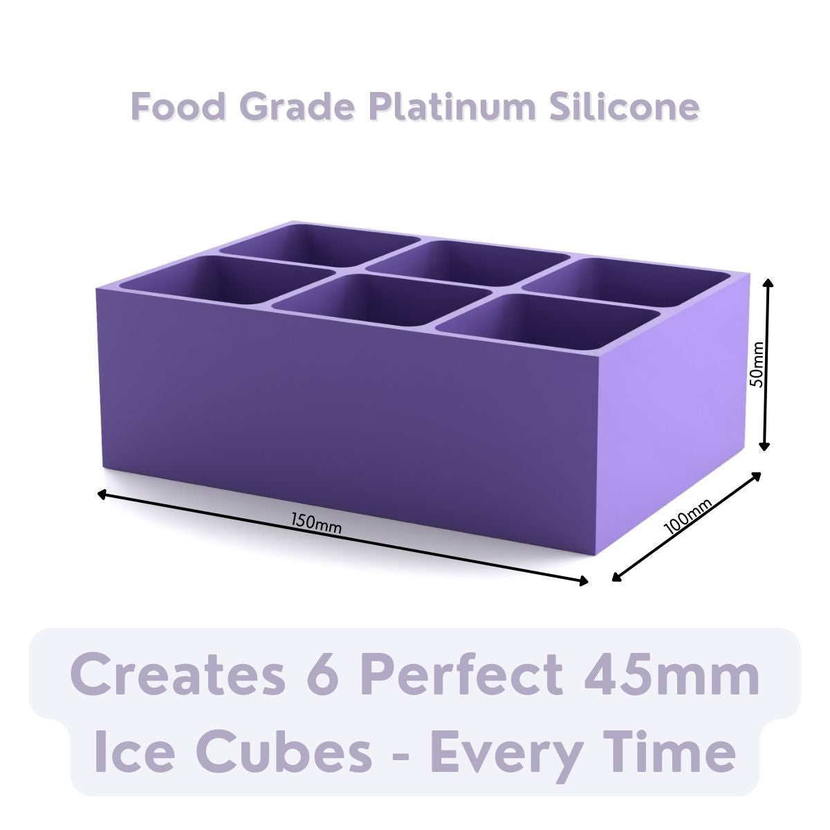 Stylish purple platinum-silicone ice tray, food-grade quality, creates six consistently shaped 45 mm ice cubes for drinks and events.
