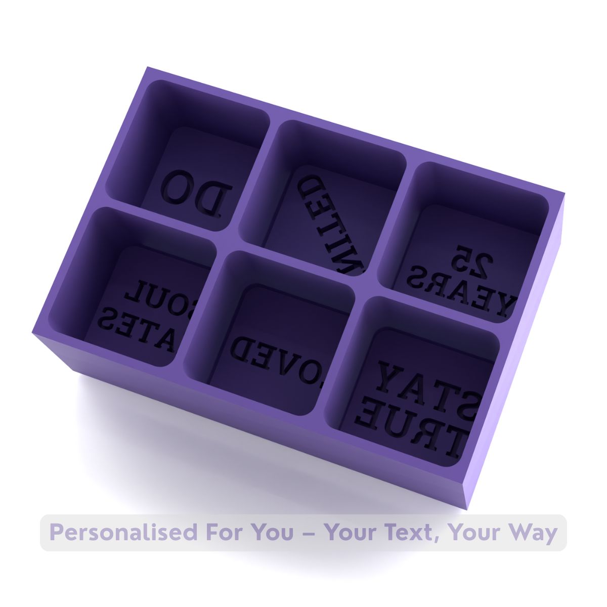 Handcrafted purple silicone ice cube tray featuring six cube cavities for personalised words or short romantic phrases, handmade in Australia.