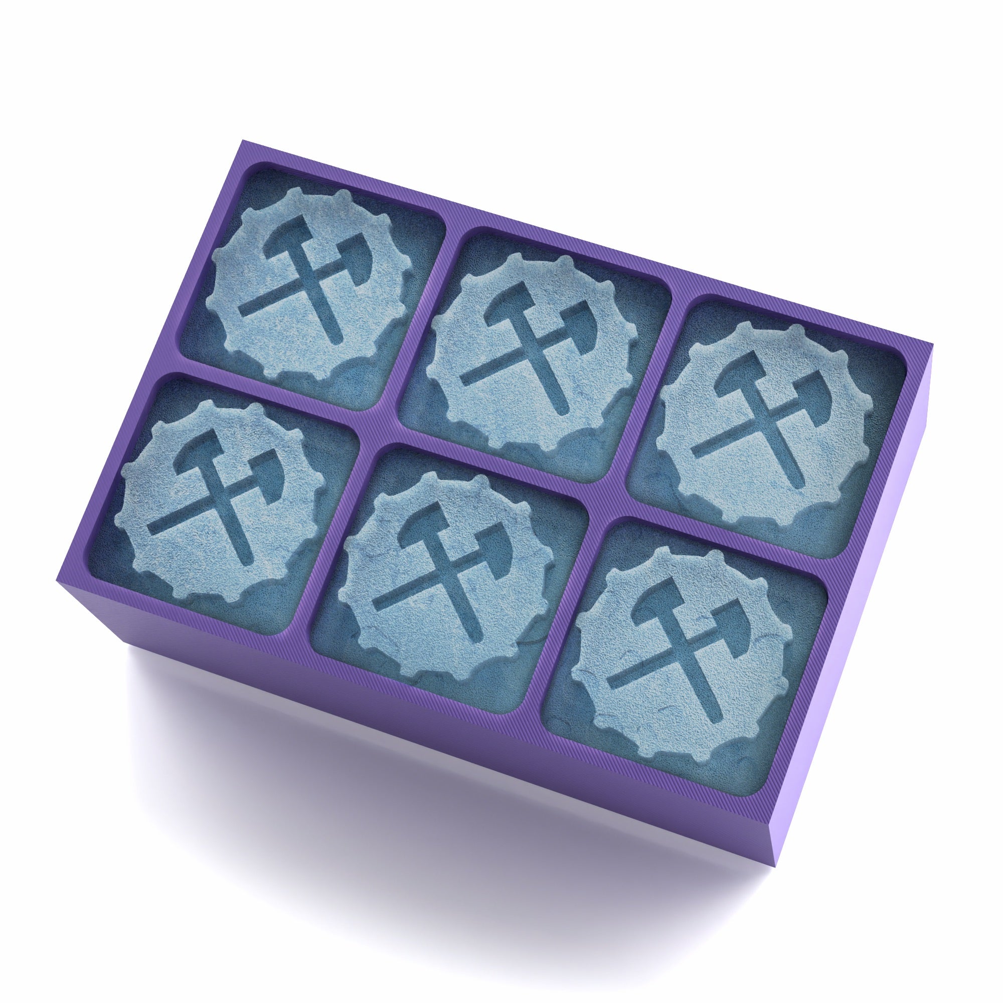 Purple ice tray with 6 gear-shaped cavities, each with embossed crossed hammers, fun gift idea.