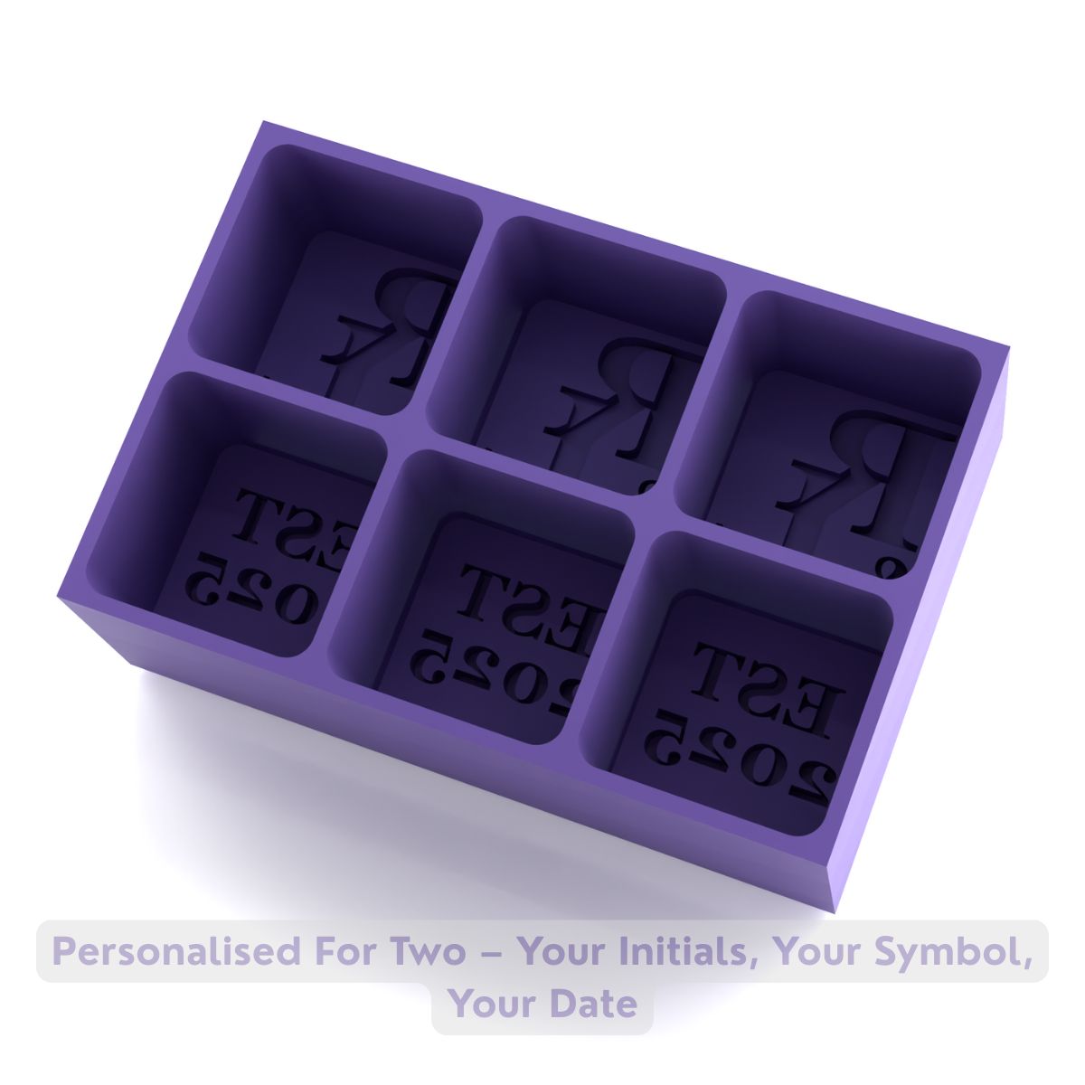Purple custom ice tray for weddings, moulding R & L initials and EST 2025 cubes – memorable keepsake bar gift.