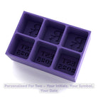Purple custom ice tray for weddings, moulding R & L initials and EST 2025 cubes – memorable keepsake bar gift.