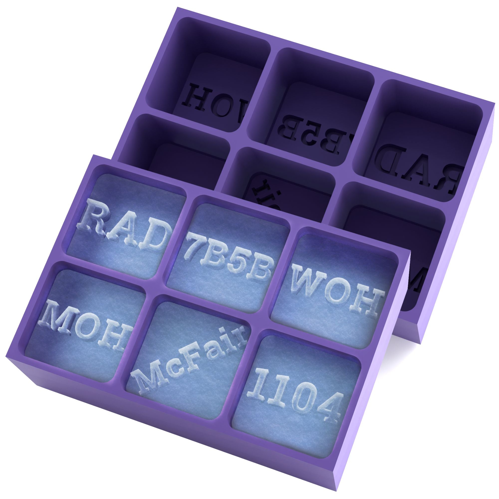 Purple personalised ice tray creating mixed cubes (RAD, WOH, McFair, numbers) — versatile handmade gift for parties, branding, or milestones.