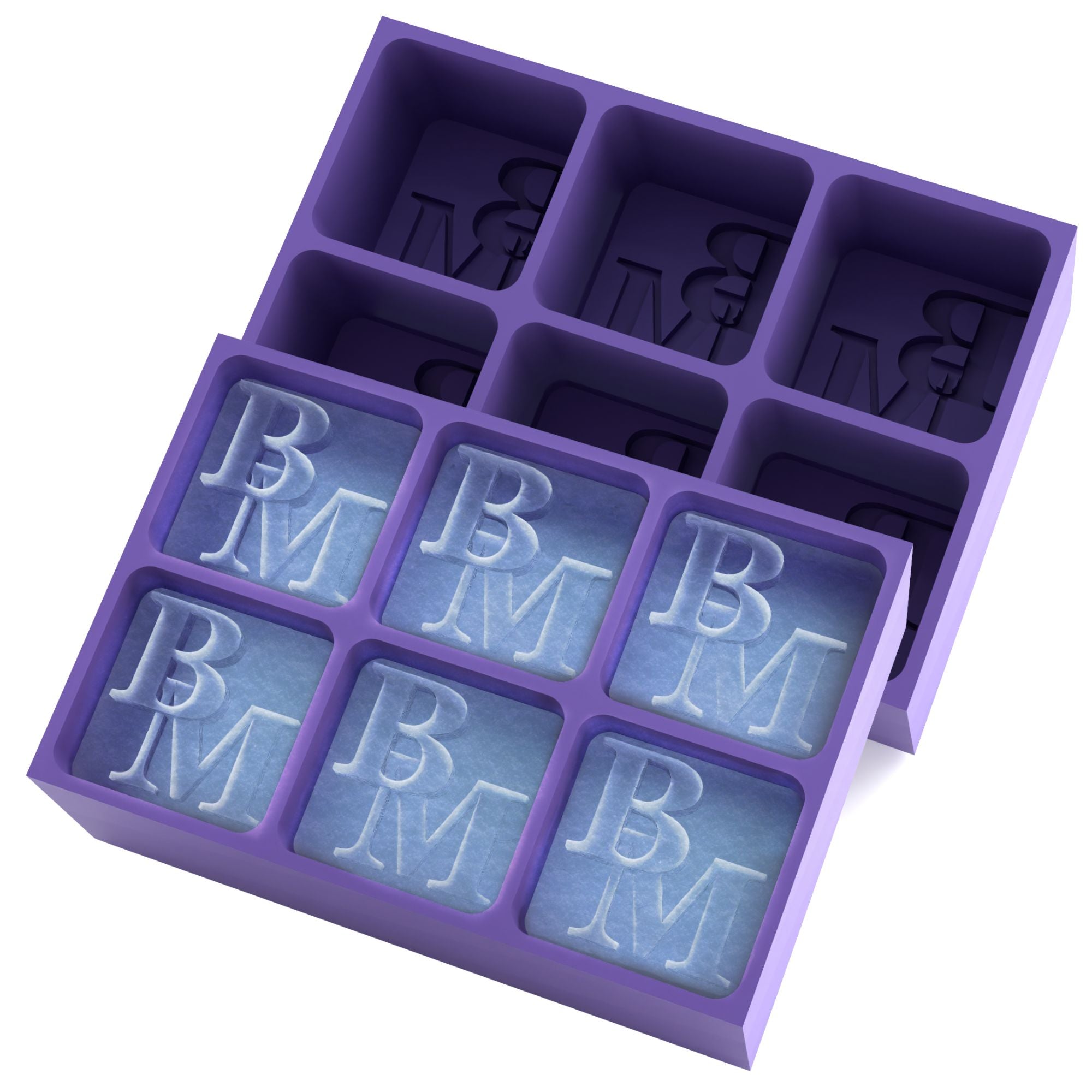 Custom purple ice tray forming BM letter cubes — handmade in Australia, perfect for branded events, wedding initials, or thoughtful gifts.