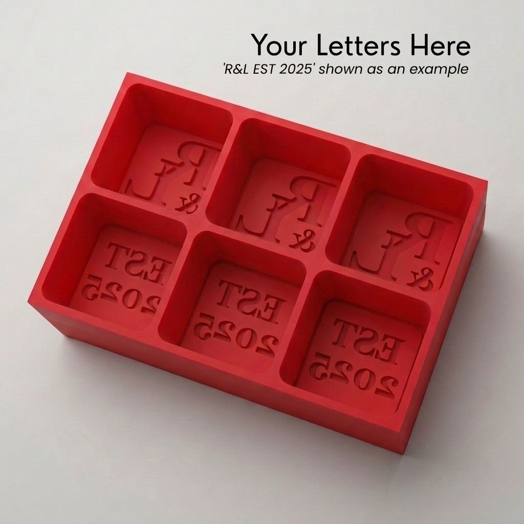 Red R&L Est 2025 personalised silicone ice cube tray, top view of the monogram and EST 2025 embossed moulds