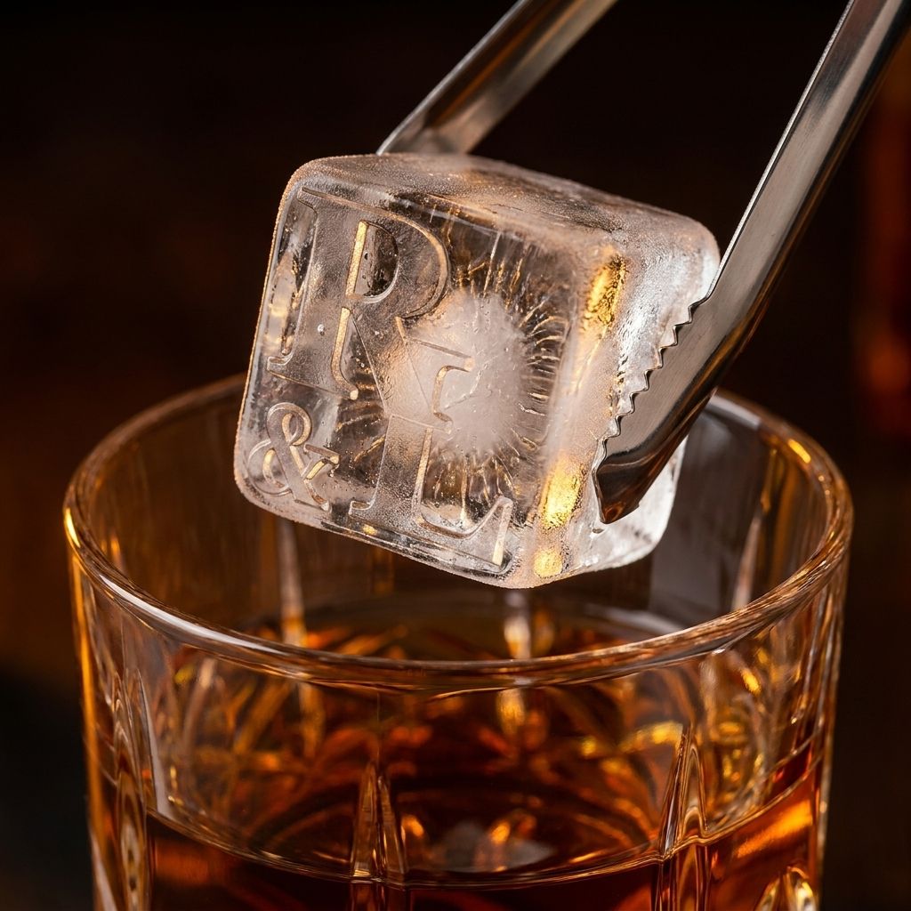 R&L Est 2025 monogrammed ice cube held with tongs above a whisky glass, showing the detailed initials