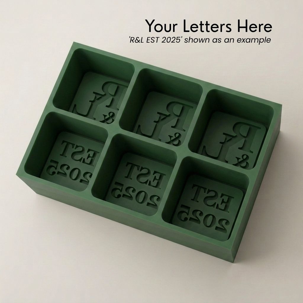 Sage green R&L Est 2025 personalised silicone ice cube tray, top view of the monogram and EST 2025 embossed moulds