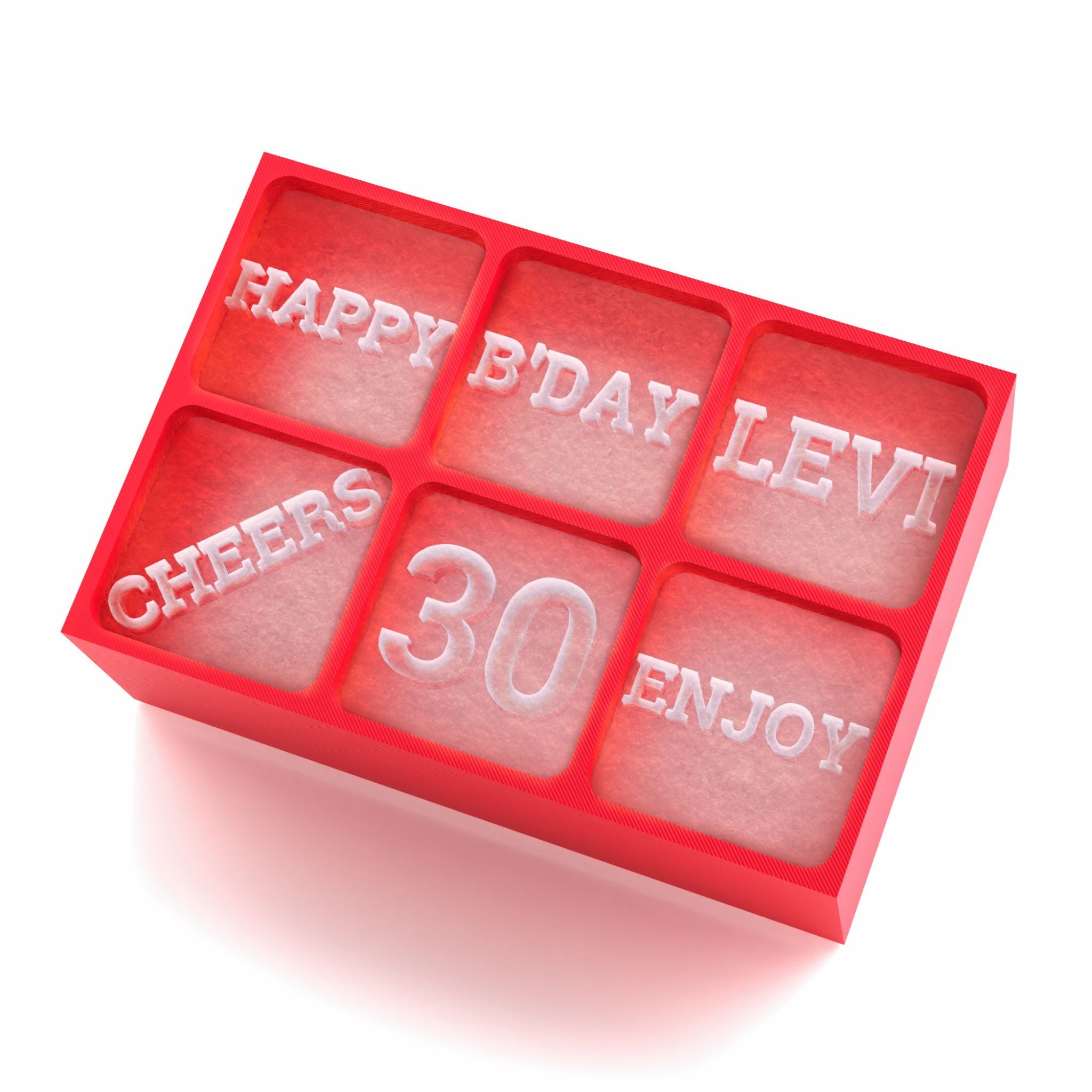 Red custom ice cube tray with personalised 30th birthday message: HAPPY B'DAY LEVI, 30, CHEERS, ENJOY – handmade party gift