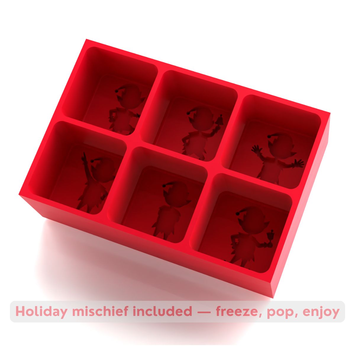 Red silicone elf ice mould tray showcasing six cheeky elf shapes, ideal for festive gatherings and cocktail nights.