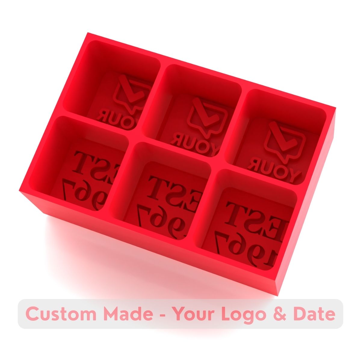 Red silicone ice tray featuring YOUR LOGO and EST date custom text compartments for anniversary ice cubes