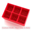 Red silicone ice tray featuring YOUR LOGO and EST date custom text compartments for anniversary ice cubes