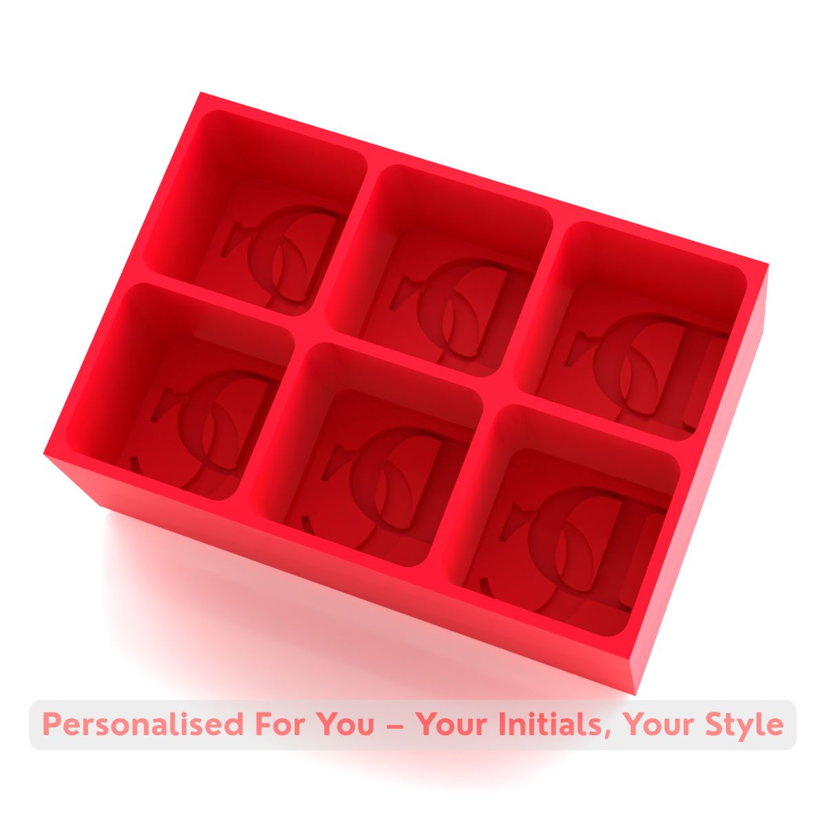 Bold red personalised silicone ice tray with DC initials across six cubes, handmade keepsake gift for boyfriends, husbands, and cocktail lovers
