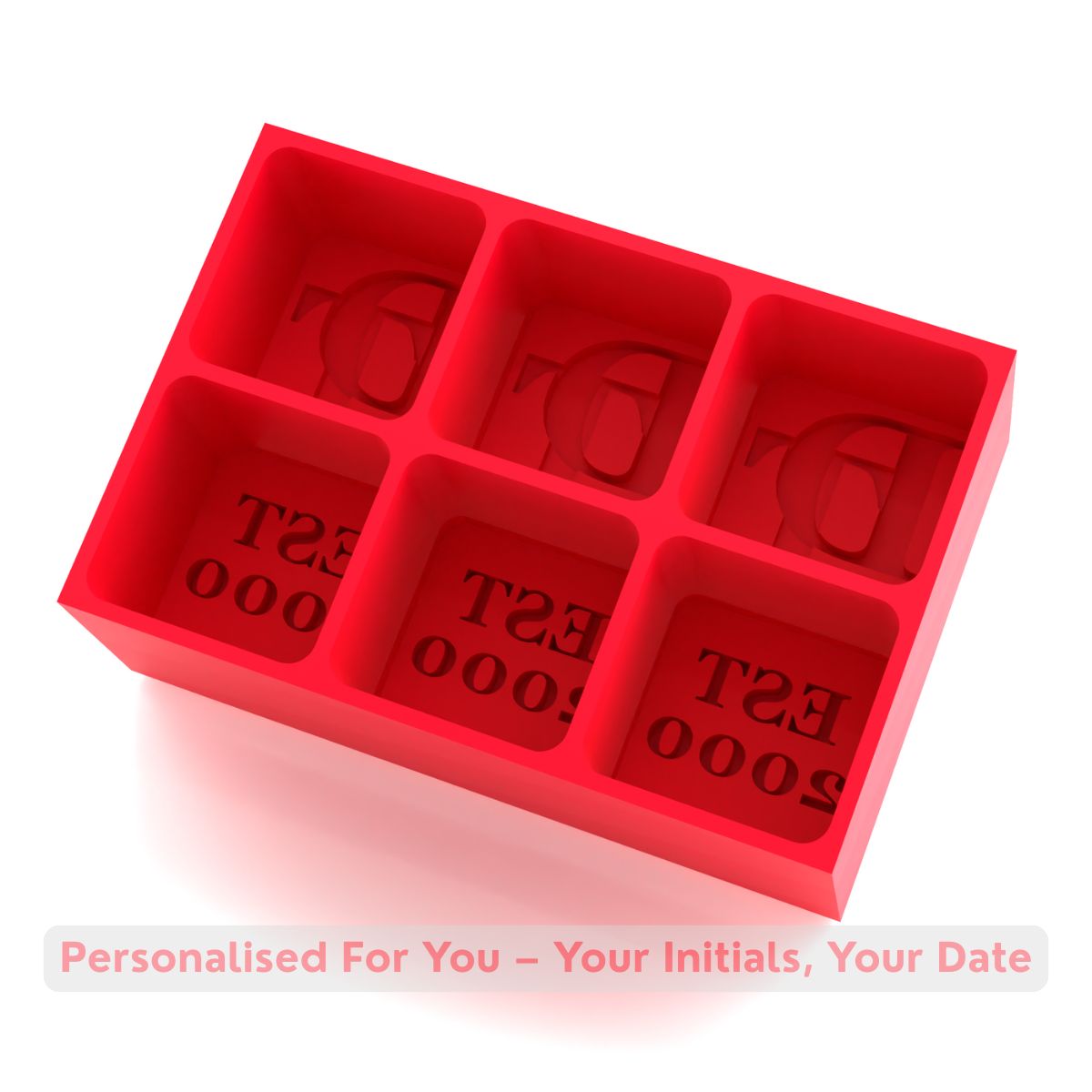 Red EST. year ice tray featuring personalised initials and date, luxury silicone mould for birthdays or Father’s Day.