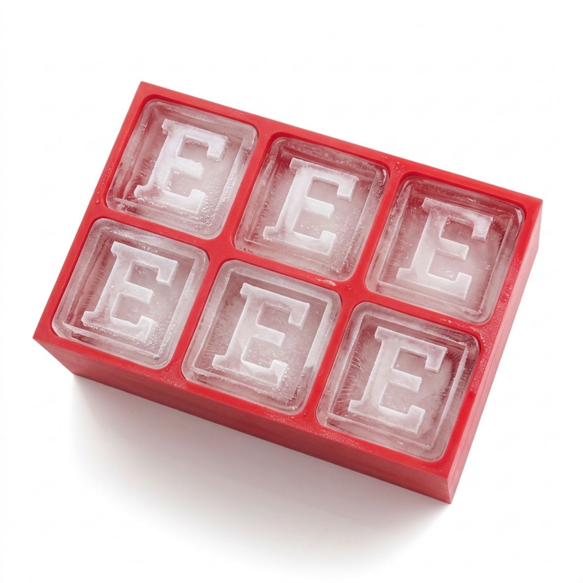 Striking red monogram ice tray featuring the letter E – fun, fiery, and personalised