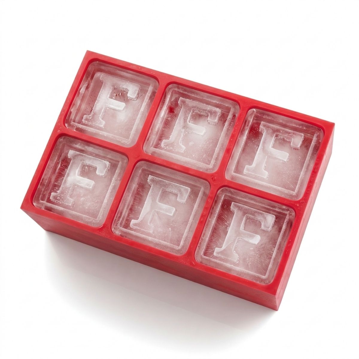 Red silicone tray featuring six large F letter ice cubes, perfect for custom drinkware and milestone gifts