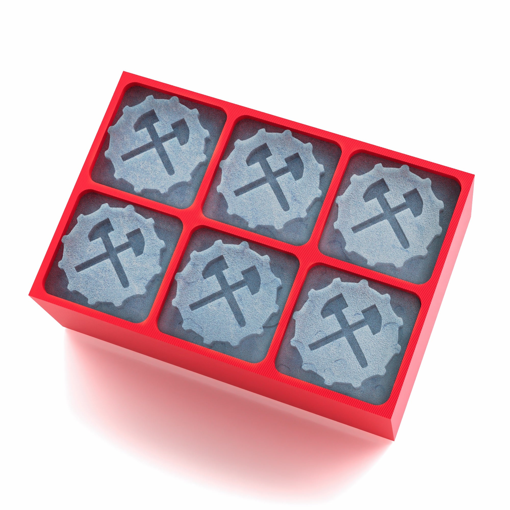 Red silicone tray featuring customisable ice cubes with gear and hammer icons, bold and practical.