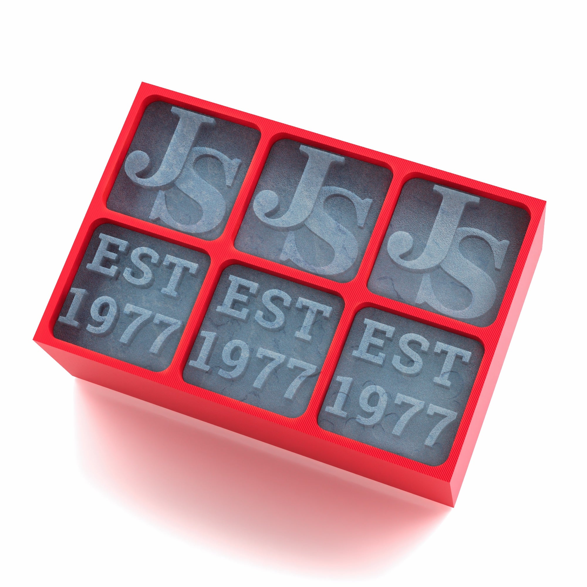 Bright red silicone ice tray engraved with JS initials and EST 1977 – designed for bold, heartfelt gifting moments like milestone birthdays or retirement.