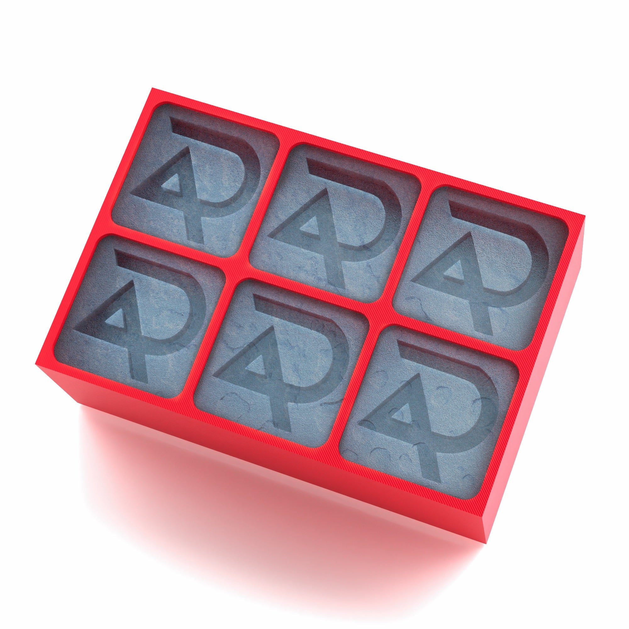 Bright red tray featuring six engraved AP ice cubes – a high-impact custom product for events or client gifts.